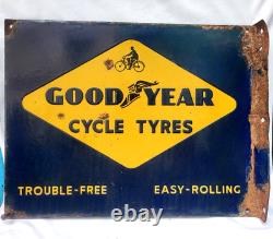 Vintage Porcelain Enamel Sign Good Year Cycle Tyre Double Side With Flange 1930
