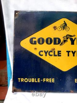 Vintage Porcelain Enamel Sign Good Year Cycle Tyre Double Side With Flange 1930