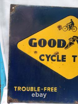 Vintage Porcelain Enamel Sign Good Year Cycle Tyre Double Side With Flange 1930