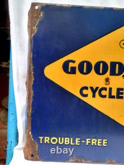 Vintage Porcelain Enamel Sign Good Year Cycle Tyre Double Side With Flange 1930