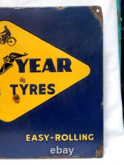 Vintage Porcelain Enamel Sign Good Year Cycle Tyre Double Side With Flange 1930