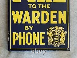 Vintage Porcelain Flange Double Sided Sign Report Forest Fire Warden Phone