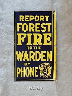 Vintage Porcelain Flange Double Sided Sign Report Forest Fire Warden Phone