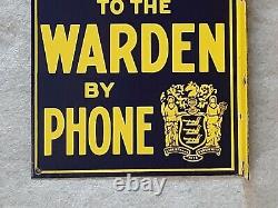 Vintage Porcelain Flange Double Sided Sign Report Forest Fire Warden Phone