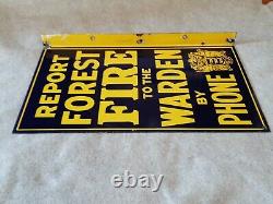 Vintage Porcelain Flange Double Sided Sign Report Forest Fire Warden Phone