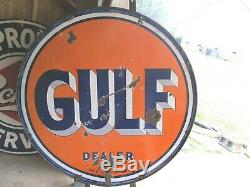 Vintage Porcelain Gulf Dealer Double Sided 65 Sign With Orig. Mount Ring