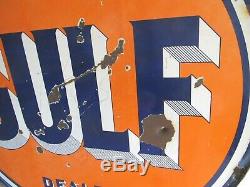 Vintage Porcelain Gulf Dealer Double Sided 65 Sign With Orig. Mount Ring