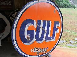 Vintage Porcelain Gulf Dealer Double Sided 65 Sign With Orig. Mount Ring