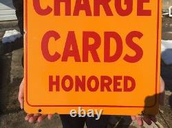 Vintage Porcelain Shell Charge Card Credit Honored Sign Double Sided Gas Pump