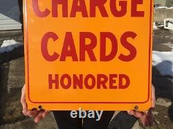Vintage Porcelain Shell Charge Card Credit Honored Sign Double Sided Gas Pump