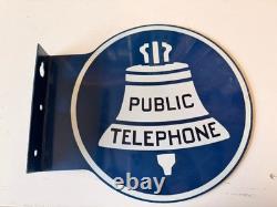 Vintage Public Telephone Flange Sign Double Sided Blue Metal