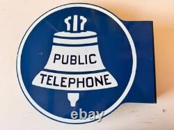 Vintage Public Telephone Flange Sign Double Sided Blue Metal
