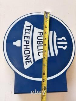 Vintage Public Telephone Flange Sign Double Sided Blue Metal