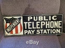 Vintage Public Telephone Pay Station Double Sided Flange Advertising Sign