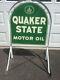 Vintage Quaker State Thick Metal Tombstone Sign Double Sided With Original Stand