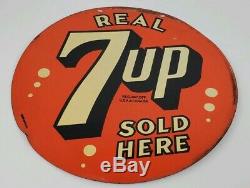 Vintage Real 7Up Sold Here Painted Tin Double Sided Round Sign 8 Bubbles 14 Inch