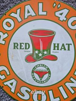 Vintage Red Hat Royal 400 Gasoline Double-sided Porcelain Gas Station Sign 24