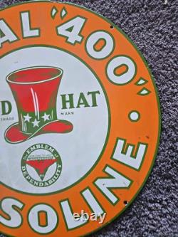 Vintage Red Hat Royal 400 Gasoline Double-sided Porcelain Gas Station Sign 24