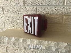 Vintage Ruby Red Light Exit Sign Glass Globe Triangle Wedge Double Sided Light