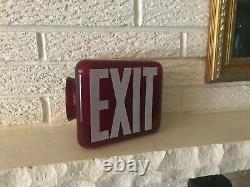 Vintage Ruby Red Light Exit Sign Glass Globe Triangle Wedge Double Sided Light