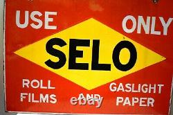 Vintage Selo Roll Films Sign Board Porcelain Enamel Double Sided Gaslight Paper