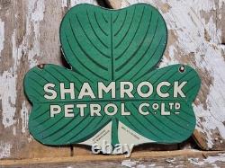 Vintage Shamrock Petrol Porcelain Sign Old 2-sided Clover Diecut Gas Station 14