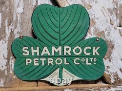 Vintage Shamrock Petrol Porcelain Sign Old 2-sided Clover Diecut Gas Station 14
