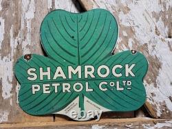 Vintage Shamrock Petrol Porcelain Sign Old 2-sided Clover Diecut Gas Station 14