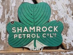 Vintage Shamrock Petrol Porcelain Sign Old 2-sided Clover Diecut Gas Station 14