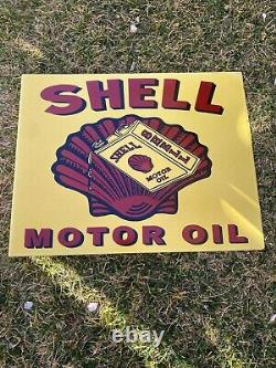 Vintage Shell Motor Oil 19 Porcelain Metal Gasoline Sign Double Sided Flanged