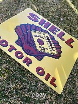 Vintage Shell Motor Oil 19 Porcelain Metal Gasoline Sign Double Sided Flanged