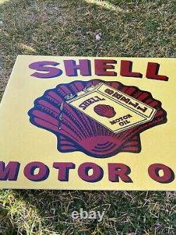 Vintage Shell Motor Oil 19 Porcelain Metal Gasoline Sign Double Sided Flanged