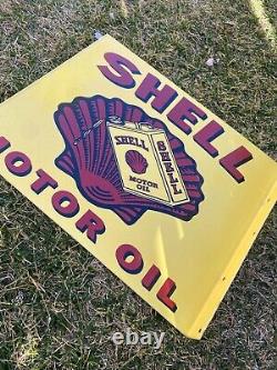 Vintage Shell Motor Oil 19 Porcelain Metal Gasoline Sign Double Sided Flanged