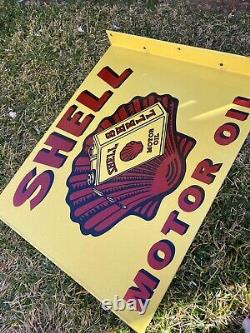 Vintage Shell Motor Oil 19 Porcelain Metal Gasoline Sign Double Sided Flanged