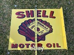 Vintage Shell Motor Oil 19 Porcelain Metal Gasoline Sign Double Sided Flanged