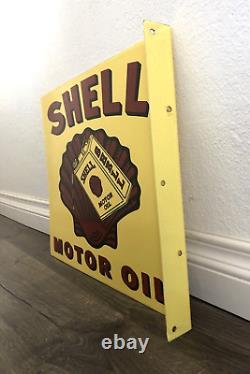 Vintage Shell Motor Oil Double Sided Flange Porcelain Gas Oil Pump Station Sign