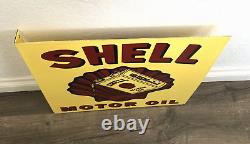 Vintage Shell Motor Oil Double Sided Flange Porcelain Gas Oil Pump Station Sign