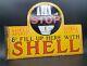 Vintage Shell Stop Here Double Sided Enamel Sign Automobilia Motor Oil Petrol
