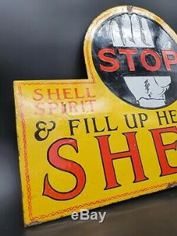 Vintage Shell Stop Here Double Sided Enamel Sign Automobilia Motor Oil Petrol