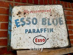 Vintage Sign Double Sided Enamel Esso Blue Paraffin Rare Great Patina
