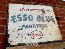 Vintage Sign Double Sided Enamel Esso Blue Paraffin Rare Great Patina