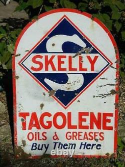 Vintage Skelly Double-Sided Porcelain Tagolene Gasoline Advertising Sign