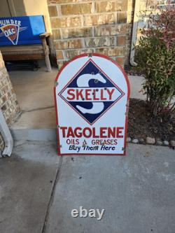 Vintage Skelly Double Sided Porcelain Tagolene Gasoline Tombstone Sign