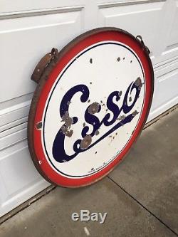 Vintage Standard Esso 36 Double Sided Porcelain Sign In Original Ring WithHangers
