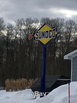 Vintage Sunoco Gas Oil Service Station Gasoline Double Sided Porcelain Pole Sign