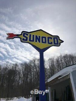 Vintage Sunoco Gas Oil Service Station Gasoline Double Sided Porcelain Pole Sign