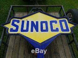 Vintage Sunoco Gas Oil Service Station Gasoline Double Sided Porcelain Pole Sign