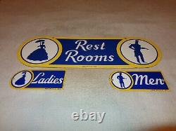 Vintage Sunoco Rest Room Double Sided Porcelain Metal Gasoline Oil Bathroom Sign