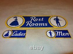 Vintage Sunoco Rest Room Double Sided Porcelain Metal Gasoline Oil Bathroom Sign