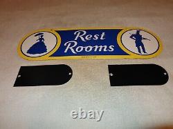 Vintage Sunoco Rest Room Double Sided Porcelain Metal Gasoline Oil Bathroom Sign